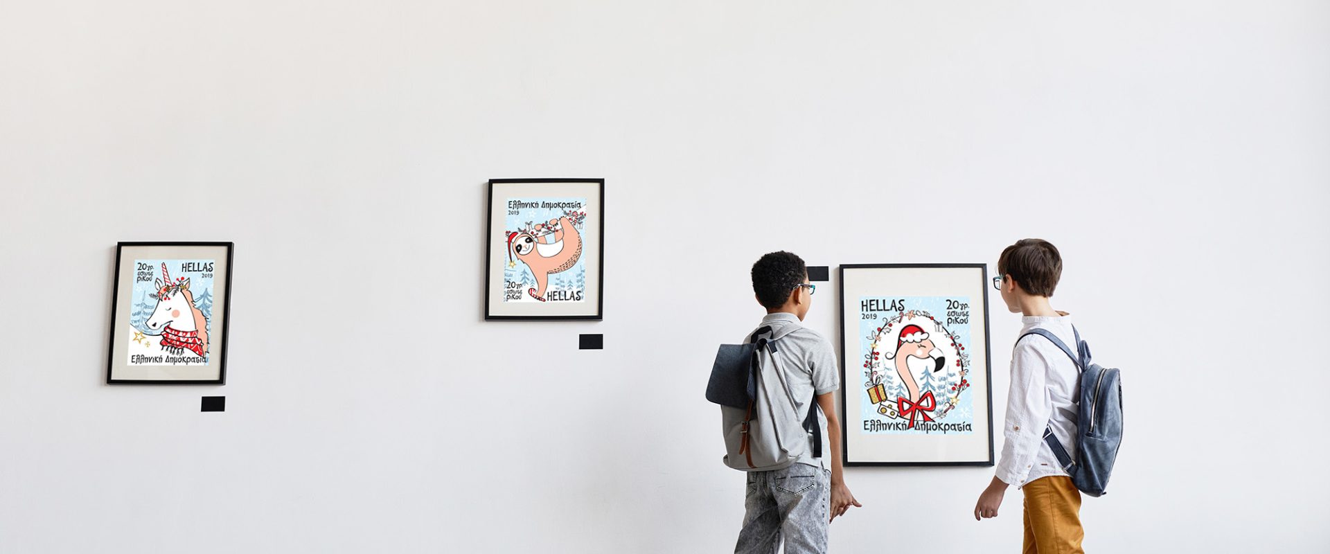 Wide angle back view at two schoolboys looking at abstract paintings in modern art gallery, copy space